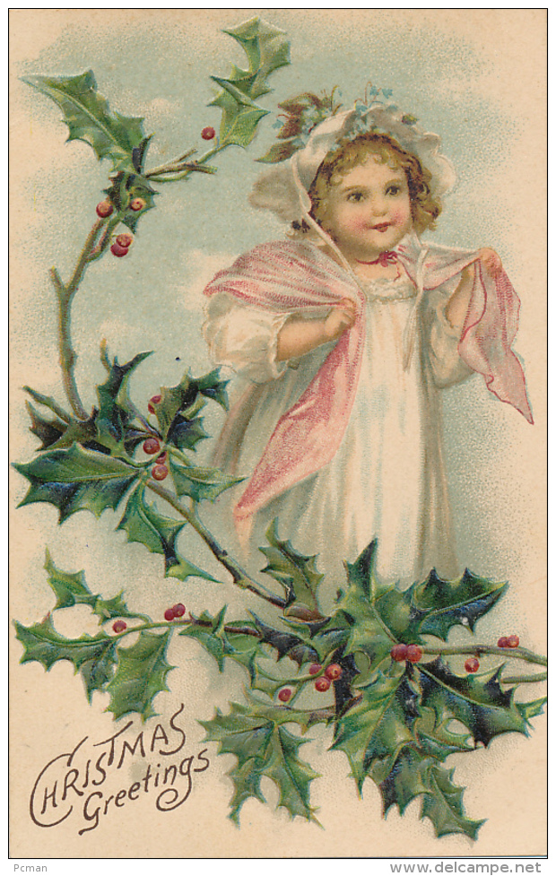 Christmas Greetings - Beautiful Young Girl With Shawl, Hat And Long Dress Among Hollies. Dated 1908 - Autres & Non Classés