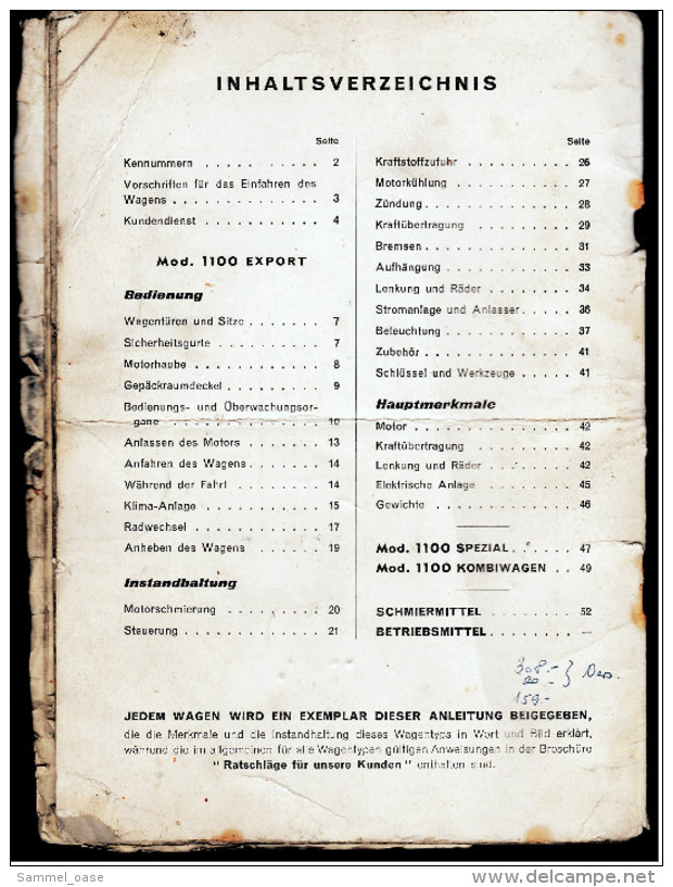 Betriebsanleitung / Handbuch  Fiat 1100 Export-Limousine / Spezial-Limousine / Kombiwagen -  Heftausgabe Von Ca. 1965 - KFZ