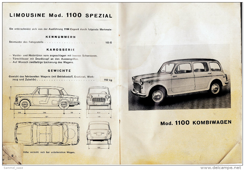 Betriebsanleitung / Handbuch  Fiat 1100 Export-Limousine / Spezial-Limousine / Kombiwagen -  Heftausgabe Von Ca. 1965 - KFZ