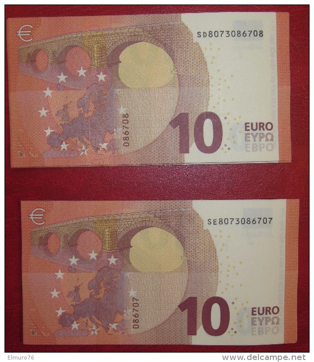 2x 10 EURO S003 SD+SE Nine Equal Numbers ITALY  ITALIA Draghi Perfect UNC - 10 Euro