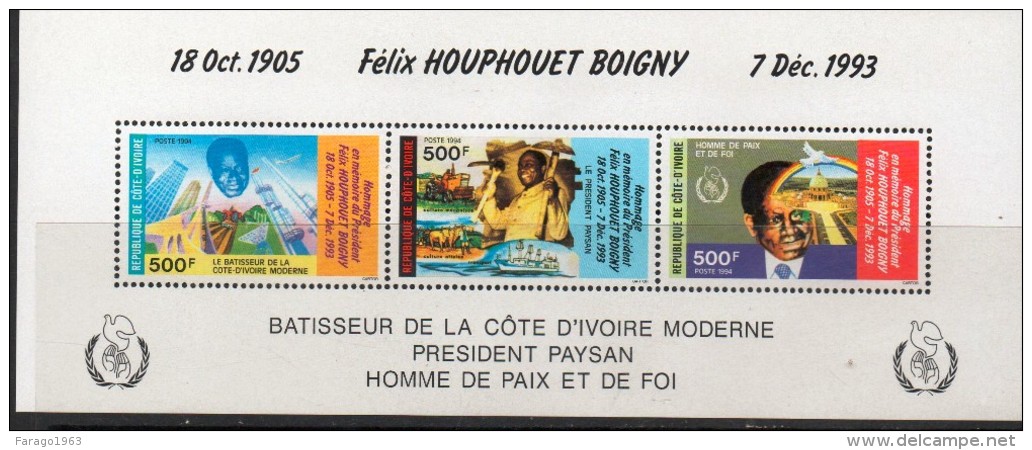 1994 Cote D´Ivoire Ivory Coast President 2 Strips Of 3 And Souvenir Sheet  Complete Set  MNH - Ivoorkust (1960-...)