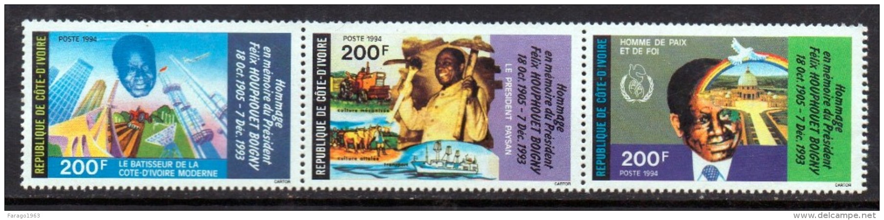 1994 Cote D´Ivoire Ivory Coast President 2 Strips Of 3 And Souvenir Sheet  Complete Set  MNH - Ivoorkust (1960-...)