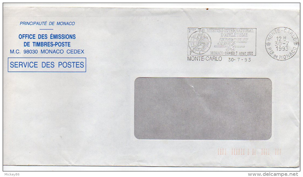 MONACO--1993--flamme "HERCULIS 93-Sport--Meeting D'athlétisme" Sur Lettre Entière En Franchise Postale - Postmarks