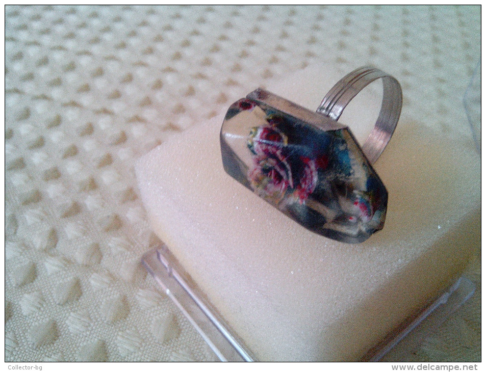 ULTRA RARE RING HANDMADE 1970"S With STEEL + RESIN ROSE INSIDE BEAUTY BULGARIA ORIGINAL BOX - Rings