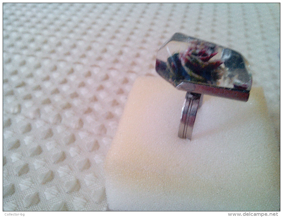 ULTRA RARE RING HANDMADE 1970"S With STEEL + RESIN ROSE INSIDE BEAUTY BULGARIA ORIGINAL BOX - Rings