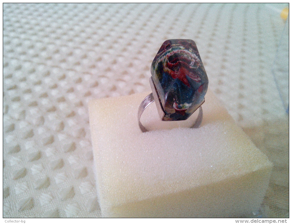 ULTRA RARE RING HANDMADE 1970"S With STEEL + RESIN ROSE INSIDE BEAUTY BULGARIA ORIGINAL BOX - Rings