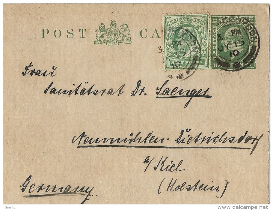 GRAN BRETAGNA GRAT BRITAIN EDWARD VII 1/2 P + 1/2 P 1910 CROYDON  To GERMANY - Stamped Stationery, Airletters & Aerogrammes