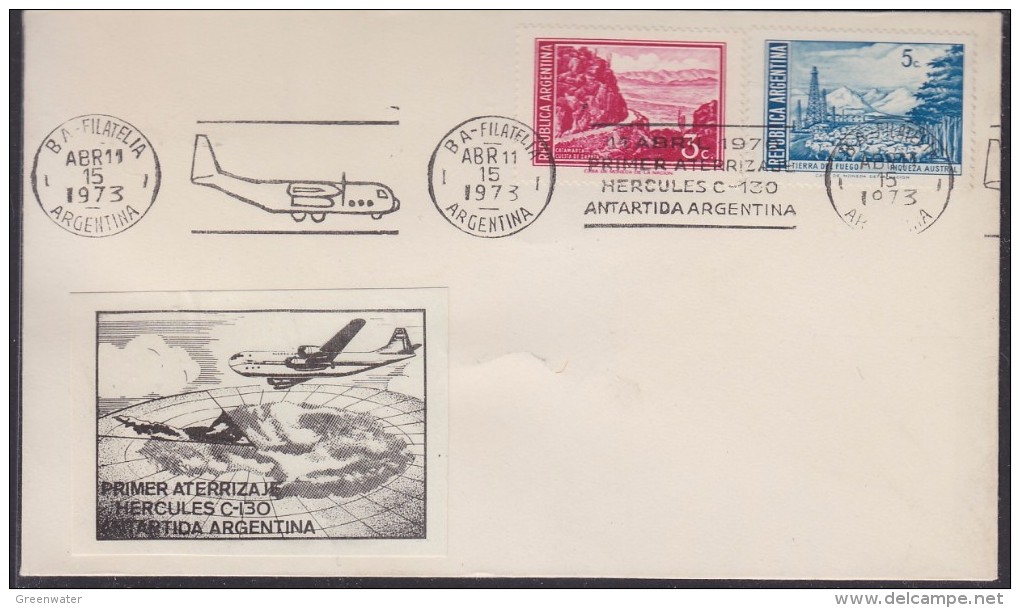 Argentina 1973 1st Flight Of Hercules C-130 To Antarctica Argentina, Label,  Ca 15 Abr 1973 Cover (31309) - Poolvluchten