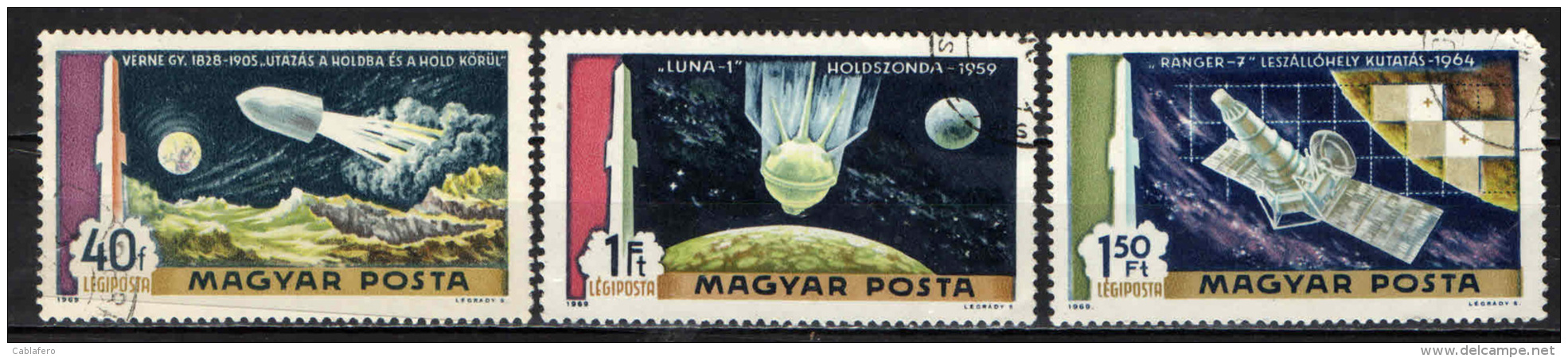 UNGHERIA - 1969 - SCOPERTE DELLO SPAZIO - GIORNATA SULLA LUNA - JULES VERNE - USATI - Used Stamps