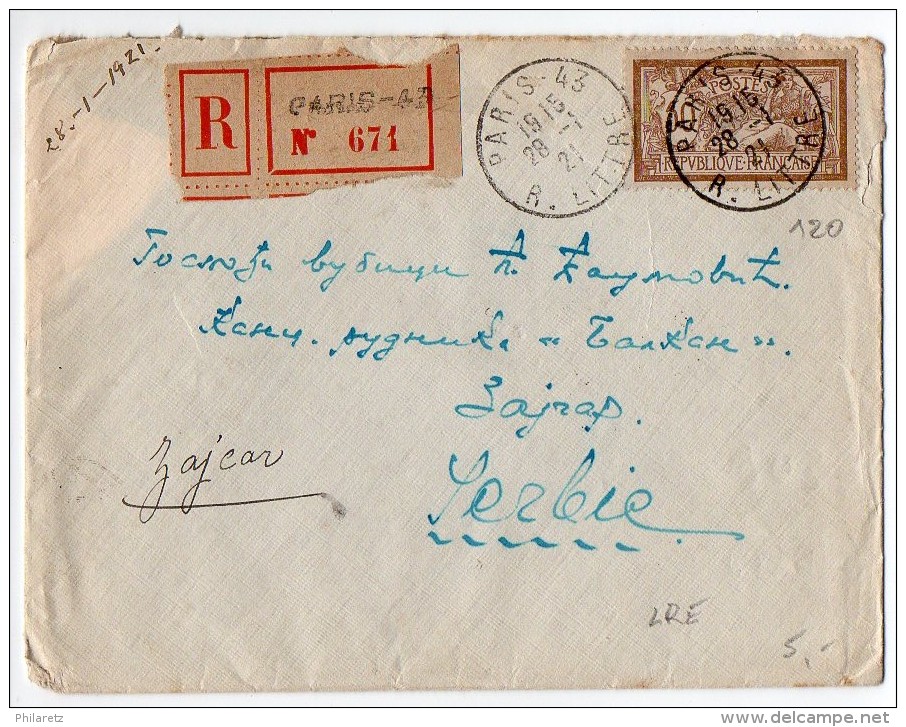 50c Merson Sur Lettre Recommandée De 1921 Pour La SERBIE - 1877-1920: Période Semi Moderne