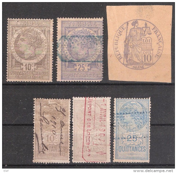 France -  Fiscal ; 5 Timbres Quittances / Reçus / Décharges + Humide ( Seine ) Dont 1 Neuf  *10 C Gris Noir ,  TB - Altri & Non Classificati