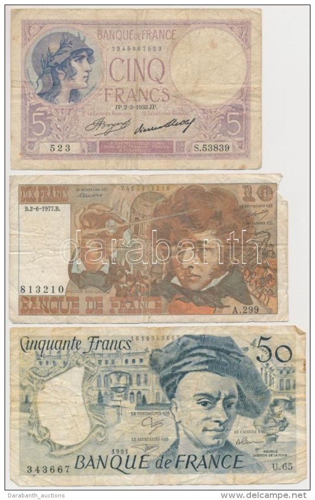 Franciaország 1933. 5Fr + 1977. 10Fr + 1991. 50Fr T:III,III- Egyiken Sarokhiány
France 1933. 5 Francs... - Non Classificati