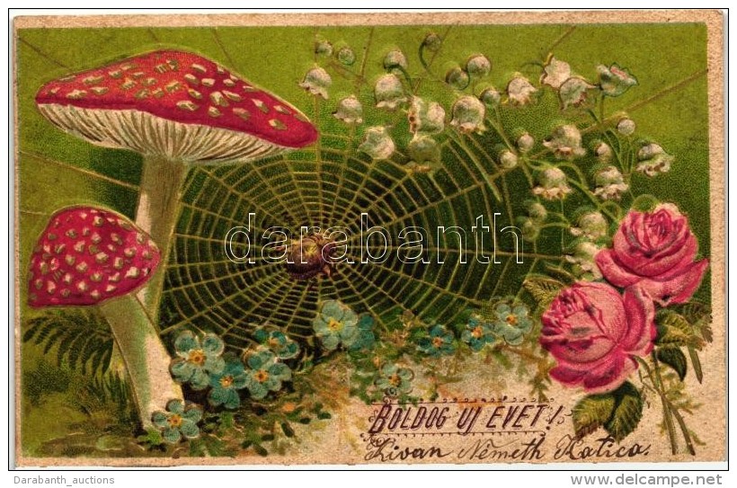 * T2 Újév / New Year Mushrooms, Spiderweb Emb. Litho - Non Classificati