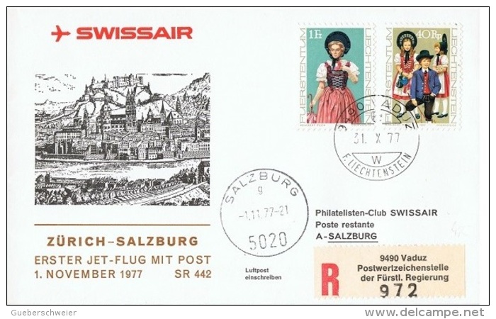 COST-L32 - LIECHTENSTEIN 1er Vol Zürich-Salzburg Par Jet Lettre Recommandée Affr. Costumes - Poste Aérienne