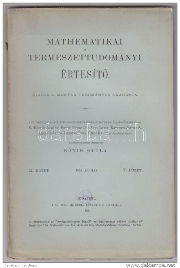 1884 Mathematikai és Természettudományi értesítÅ‘. Szerk: KÅ‘nig Gyula. II.... - Unclassified
