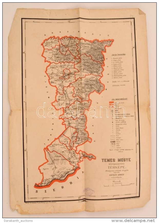Temes Megye Közigazgatási Térképe. Rajz.: Hátsek Ignác. 1:500000, Posner -... - Altri & Non Classificati