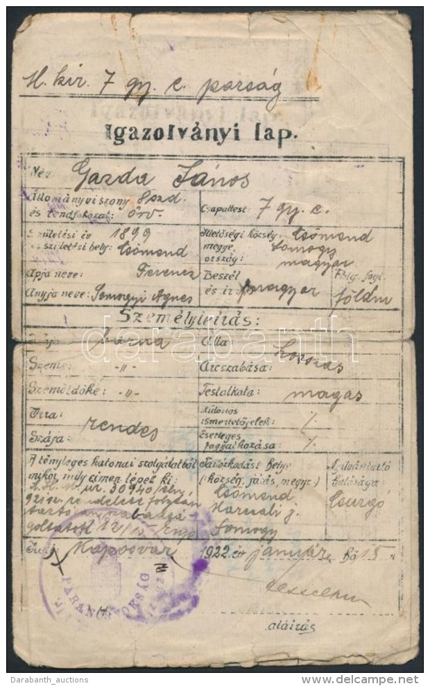 1922 Kaposvár, A M. Kir. 7. Gyalogezred Parancsnoksága által Kiállított... - Other & Unclassified