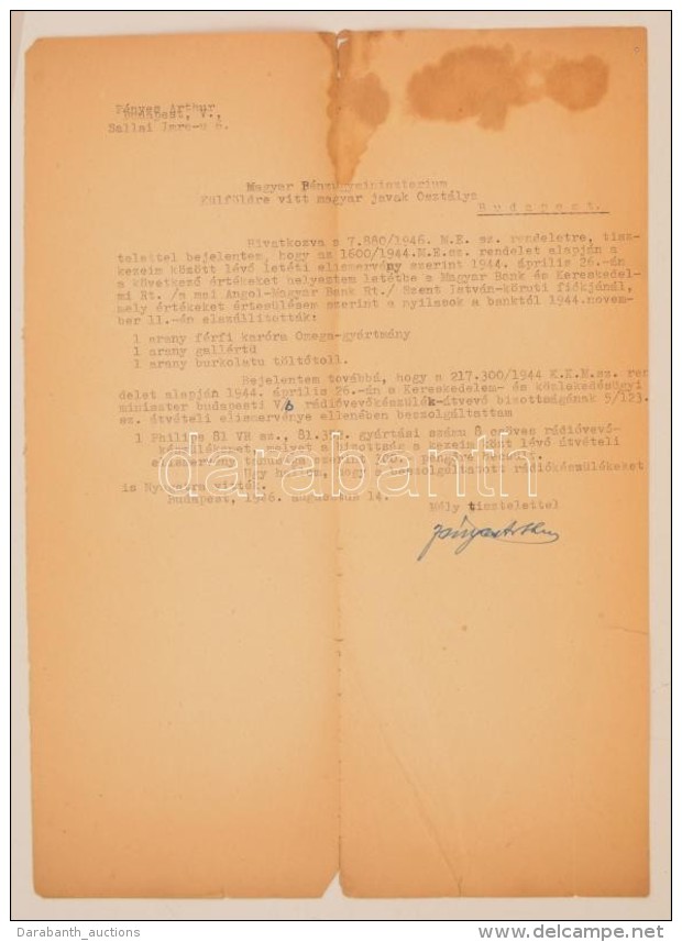 1946 Fényes Artúr Zsidó Bankár Levele A Pénzügyminisztériumnak, Az... - Altri & Non Classificati