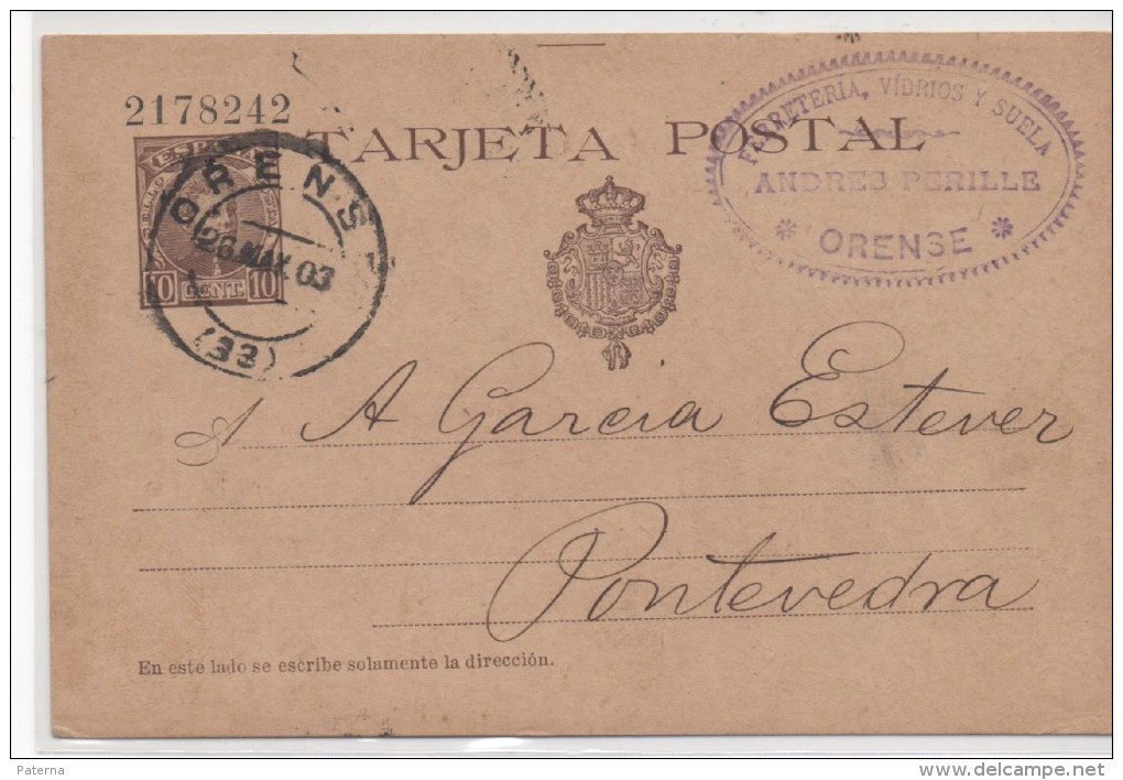 3060 Entero Postal  Orense 1903  Medallon Alfonso Xlll,, Nº 37 An - 1850-1931