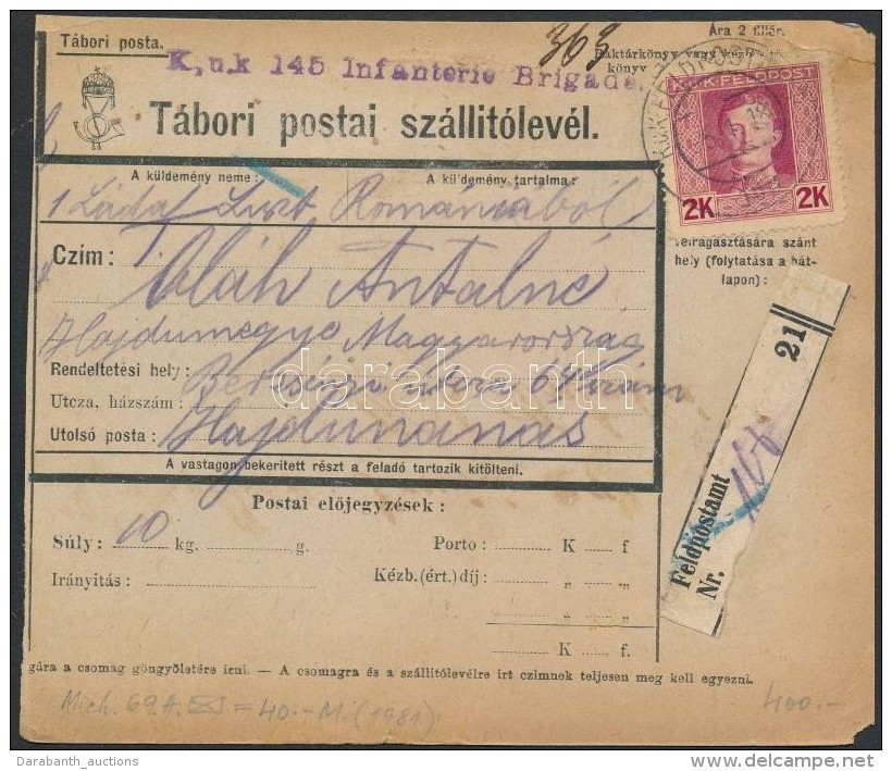 1918 Csomagszállító Romániából 2K Bérmentesítéssel... - Altri & Non Classificati