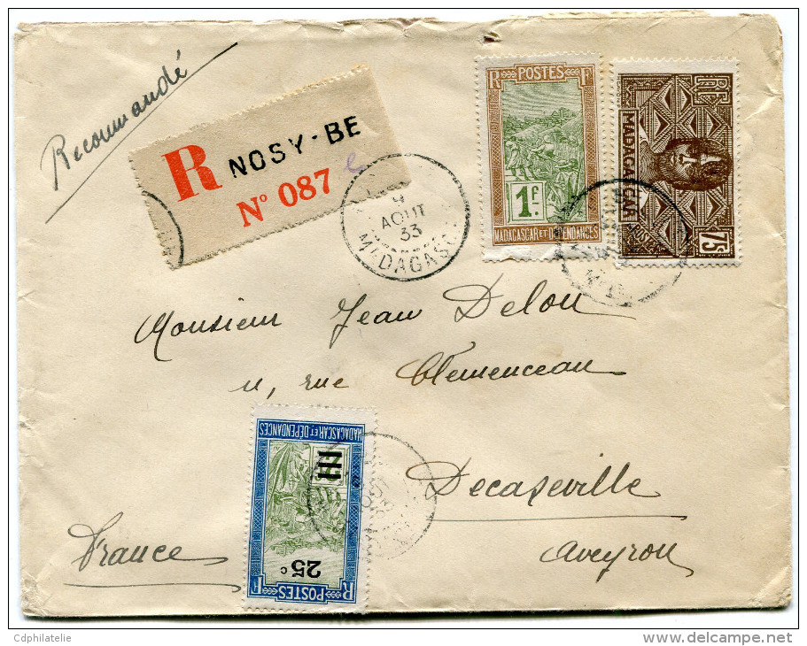 MADAGASCAR LETTRE RECOMMANDEE DEPART NOSY-BE 9 AOUT 33 MADAGASCAR POUR LA FRANCE - Lettres & Documents