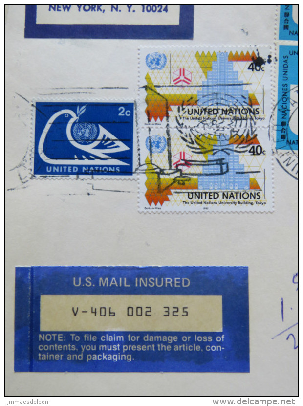 United Nations 1992 Insured Cover To USA - University Building Dove Peace - Briefe U. Dokumente