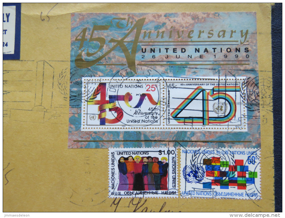 United Nations 1990 Insured Cover To USA - 45 Anniv. S.s. (Scott # 579 = 7 $) - Storia Postale