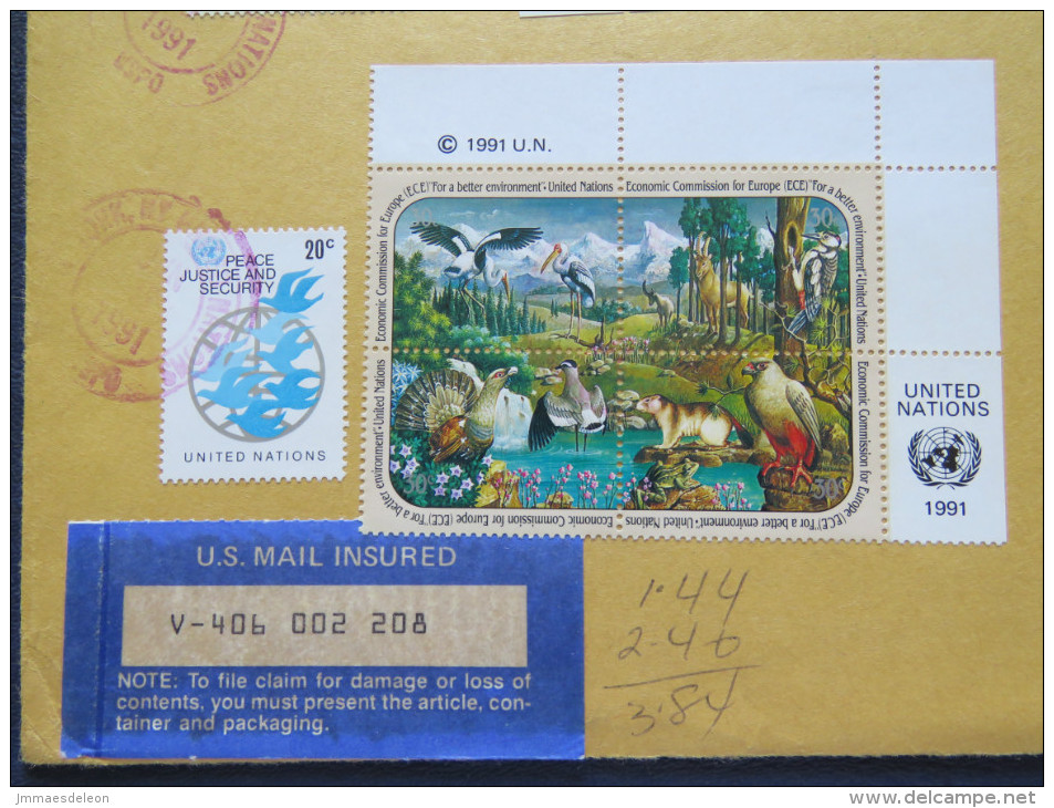 United Nations 1991 Insured Cover To USA - Animals, Birds Falcon, Stork (Scott 587a 3x 4.50 = 13.50 $) - Storia Postale