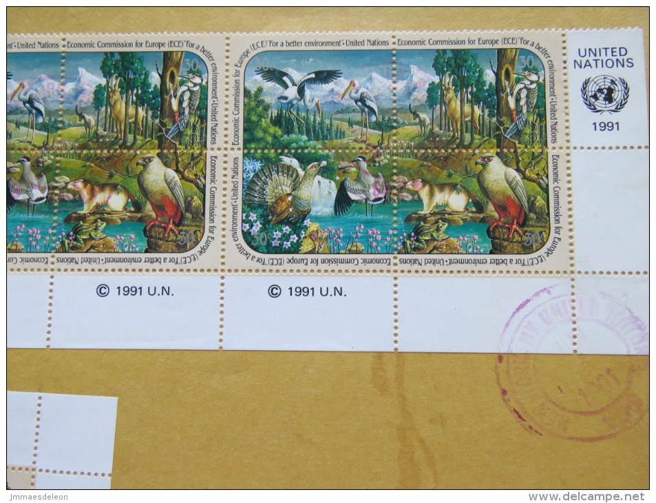 United Nations 1991 Insured Cover To USA - Animals, Birds Falcon, Stork (Scott 587a 3x 4.50 = 13.50 $) - Storia Postale