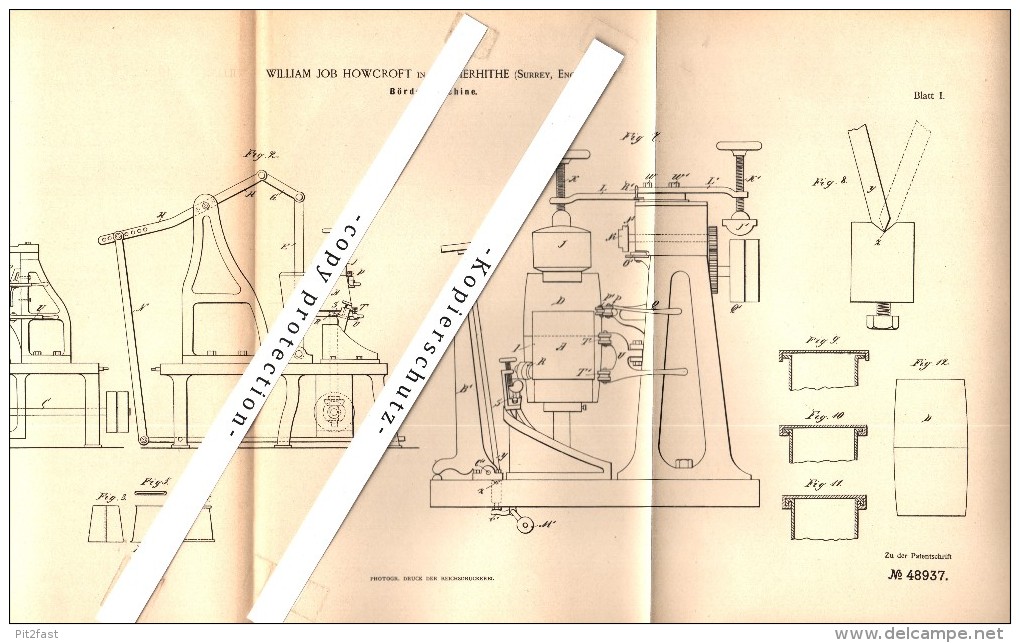 Original Patent - William Job Howcroft In Rotherhithe / London , 1888 , Crimper , Metal !!! - Other & Unclassified