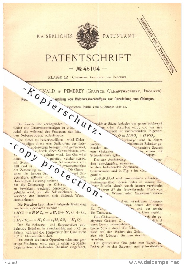 Original Patent - W. Donald In Pembrey , Carmarthenshire , 1887 , Recovery Of Chlorine From Hydrogen Gas !!! - Carmarthenshire