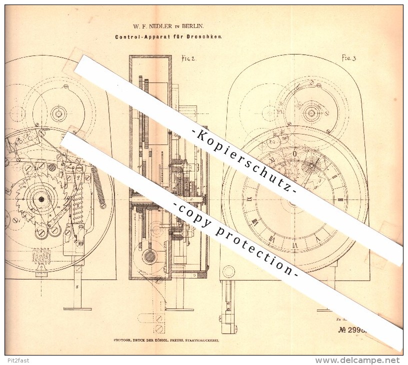 Original Patent - W.F. Nedler In Berlin , 1877 ,  Kontrollapparat Für Droschken , Taxameter , Taxi !!! - KFZ