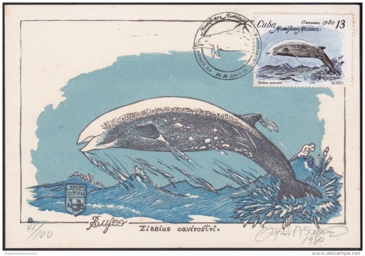 TMA-70 CUBA 1980 FDC MAXIM CARD ENTOLOMOLOGIA. CETACEOS. FISH PECES. ONLY 100. GRABADO ORIGINAL DE OTTON - Cartes-maximum