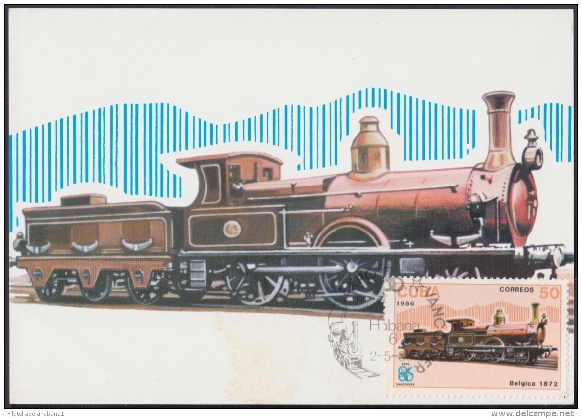 TMA-98 CUBA 1986 SPECIAL CANCEL  MAXIM CARD FERROCARRIL RAILROAD VANCOUVER CANADA EXPO. - Cartes-maximum