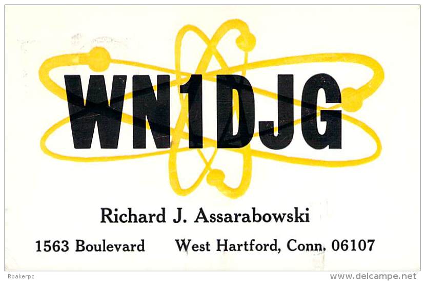 Amateur Radio QSL - WN1DJG - West Hartford, CT - USA - 1965 - 2 Scans - Radio Amateur