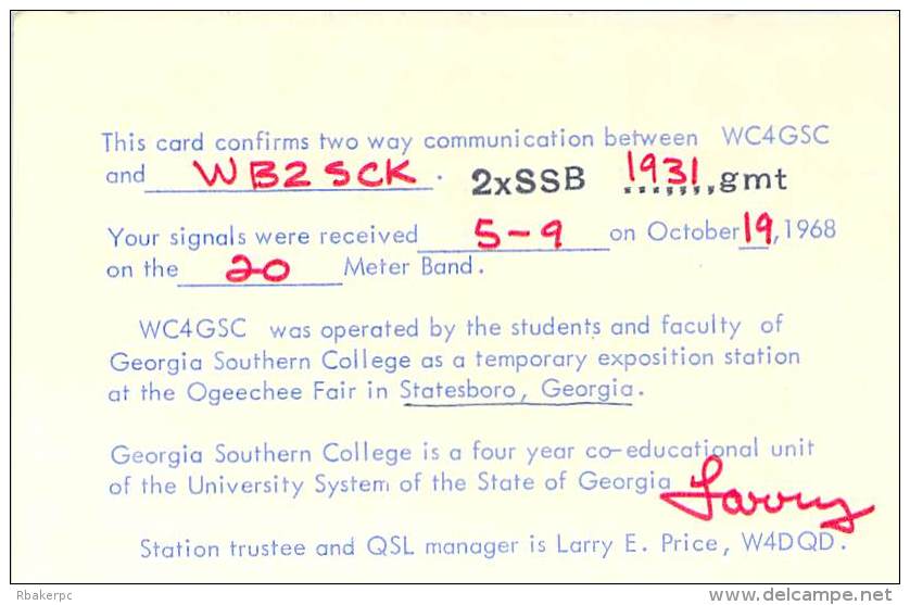 Amateur Radio QSL - WC4GSC Georgia Southern College Special Expo Station 1968 - Radio Amateur