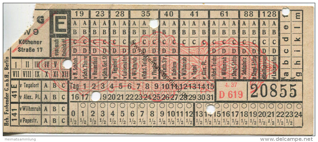 BVG Berlin Köthener Strasse 17 - Fahrschein 1937 - Europe