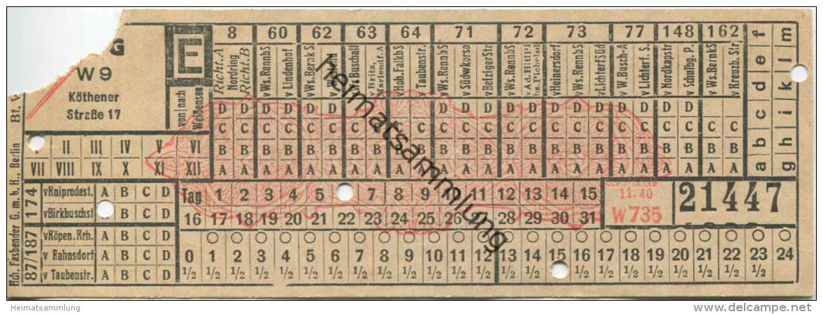 BVG Berlin Köthener Strasse 17 - Fahrschein 1940 - Europe