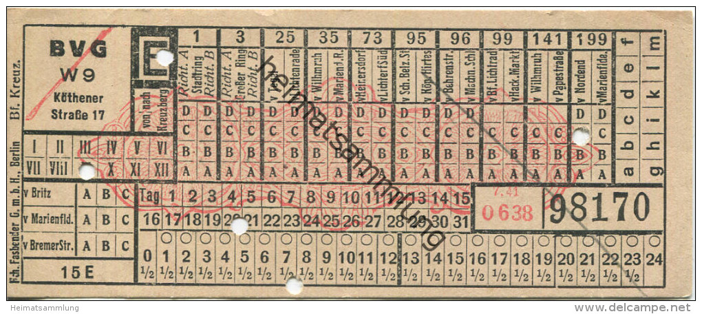 BVG Berlin Köthener Strasse 17 - Fahrschein 1941 - Europe