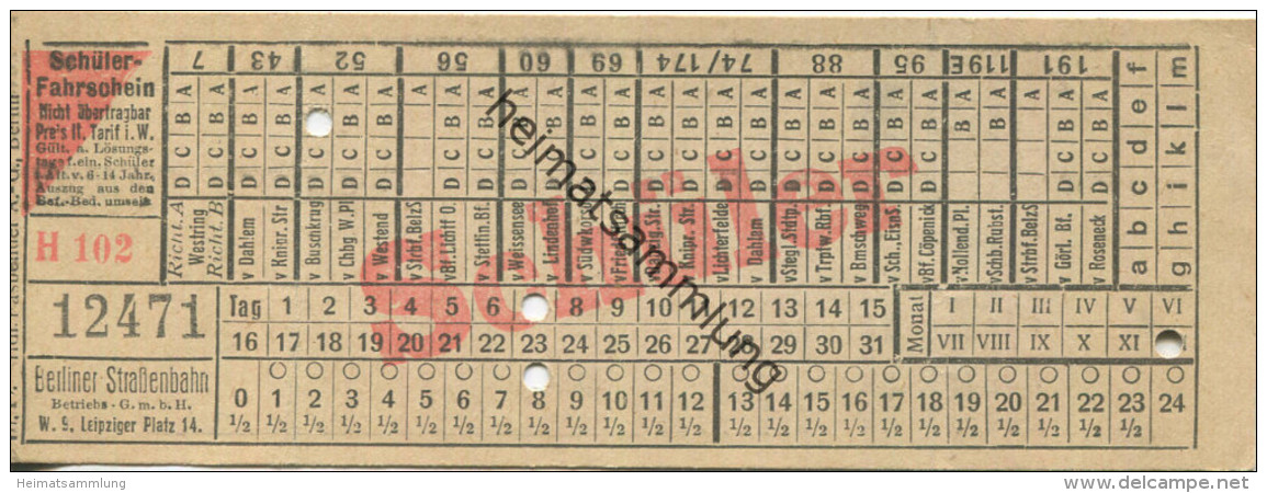 Berlin - Berliner Strassenbahn Betriebs-GmbH Leipziger Platz 14 - Schüler-Fahrschein - Europe