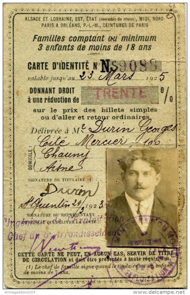 V49 / POLITIQUE CARTE D'IDENTITE 1923 GEORGES DURIN REDUCTION SNCF AUTOGRAPHE WATTEAU - Europe