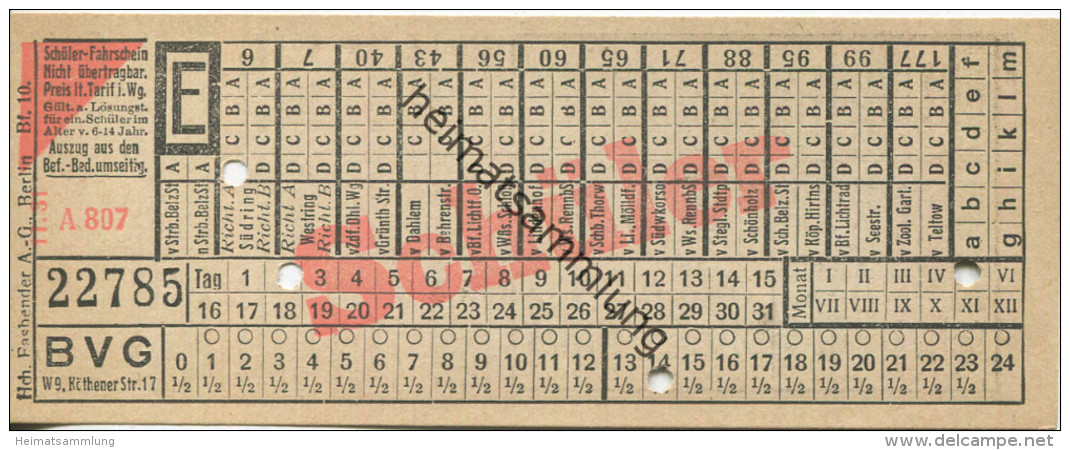 BVG Berlin Köthener Str. 17 - Schüler-Fahrschein 1931 - Europe