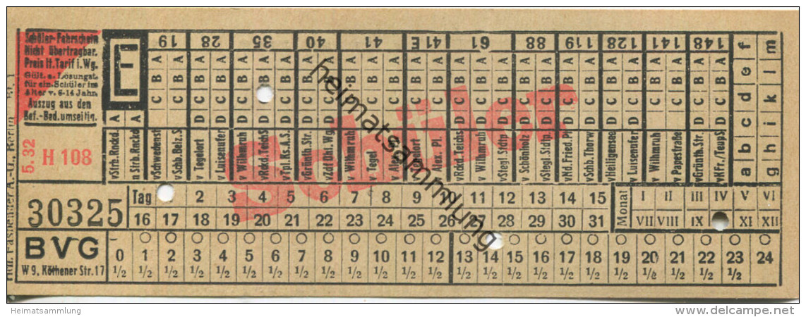 BVG Berlin Köthener Str. 17 - Schüler-Fahrschein 1932 - Europe