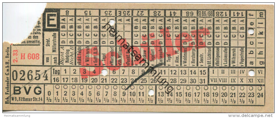 BVG Berlin Köthener Str. 17 - Schüler-Fahrschein 1933 - Europe