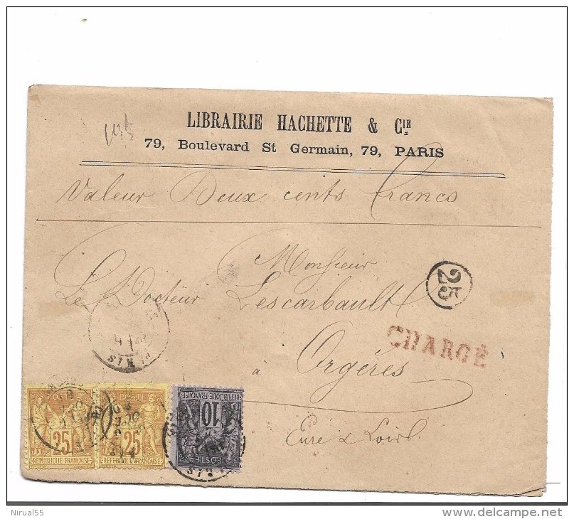 PARIS Envel. Chargée Affranchie Sage 2x N° 92 Et 1x N° 89 (1880) Verso Ambulant Paris à Montluçon + Griffe De Charge  .G - 1877-1920: Semi-Moderne