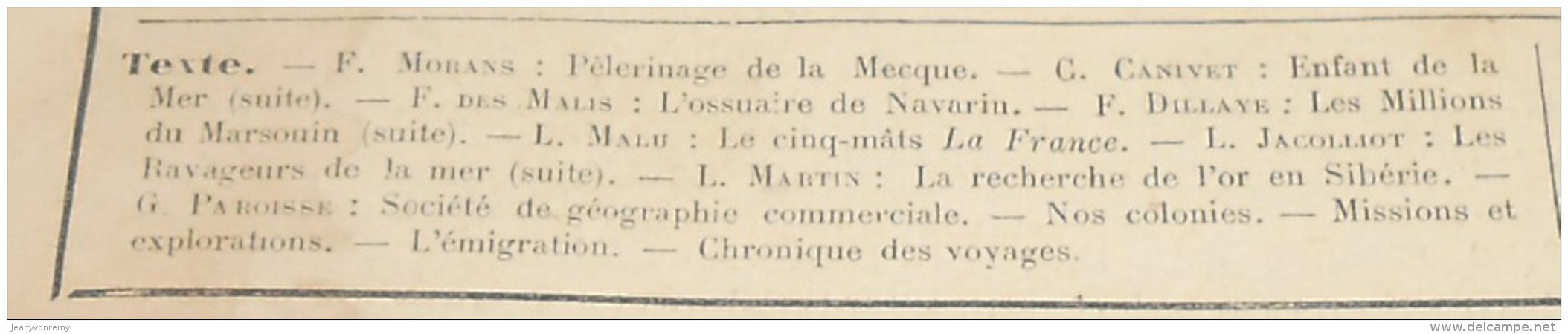 Journal Des Voyages. N°705. 1891. Pèlerinage De La Mecque. Le Cinq Mâts La France. Le Plus Grand Navire à Voiles. - 1850 - 1899