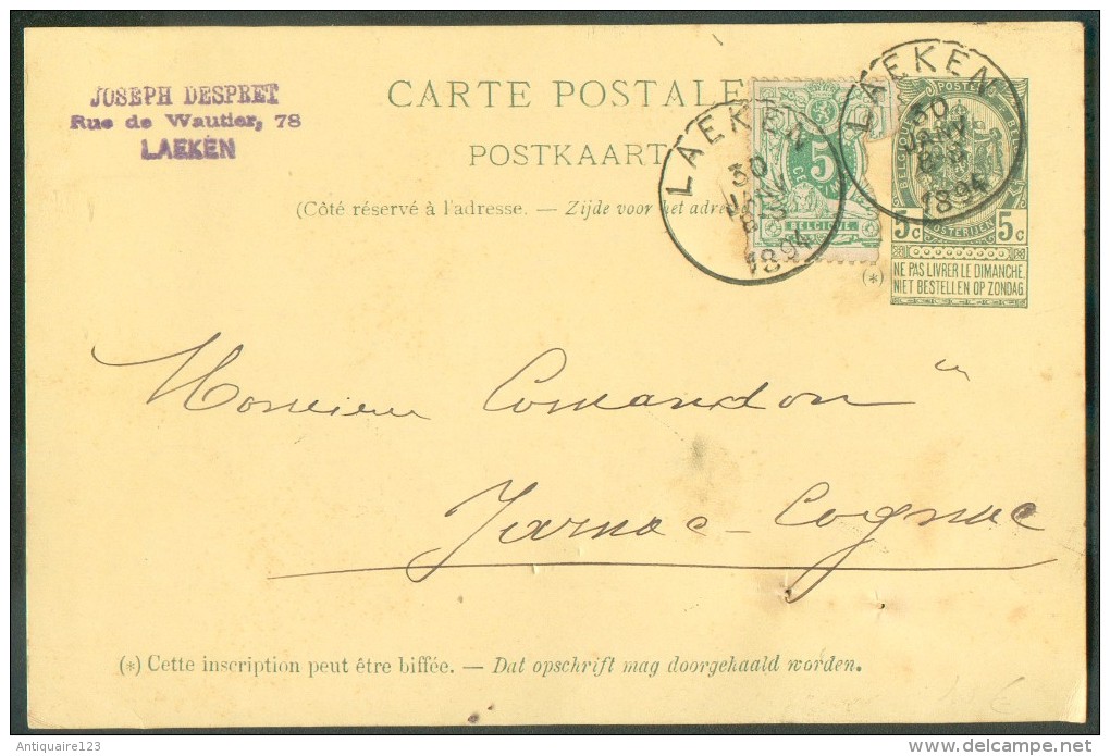 E.P. Carte 5 Centimes + N°45 En Complément, Obl. Sc LAEKEN 30 Janvier 1894 Vers Jarnac - 11296 - Postkarten 1871-1909