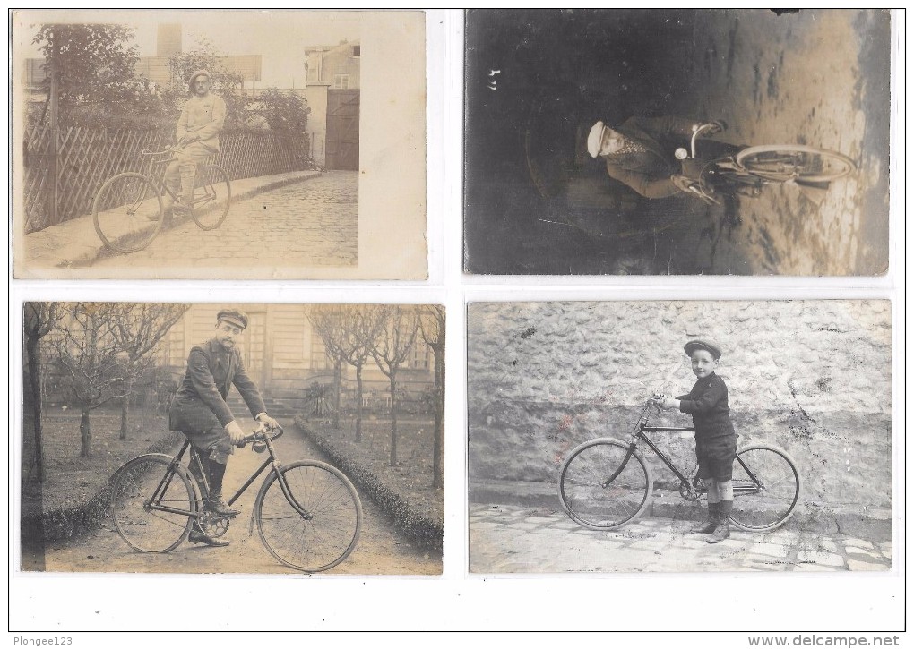 Lot De 4 Cartes Photos  : Personnages à Vélo, Cyclistes, Vélos Anciens, - A Identifier
