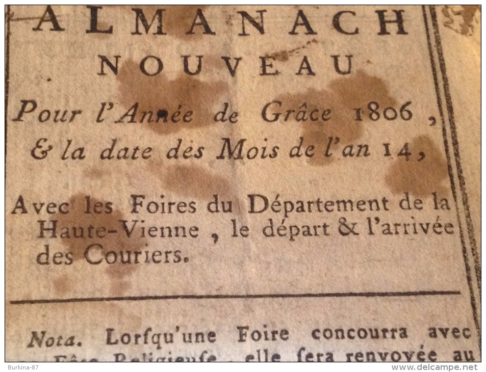 Almanach Nouveau, Calendrier , 1806, Format  10X12 , LIMOGES  Et Hte Vienne - Tamaño Pequeño : ...-1900