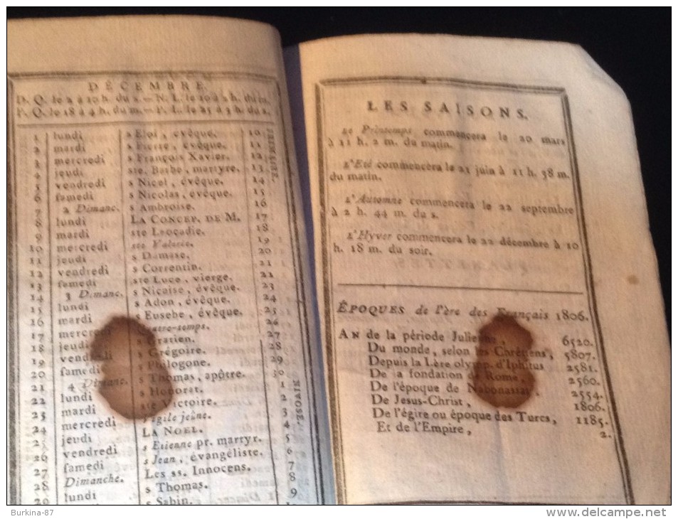 Almanach nouveau, calendrier , 1806, format  10X12 , LIMOGES  et Hte Vienne